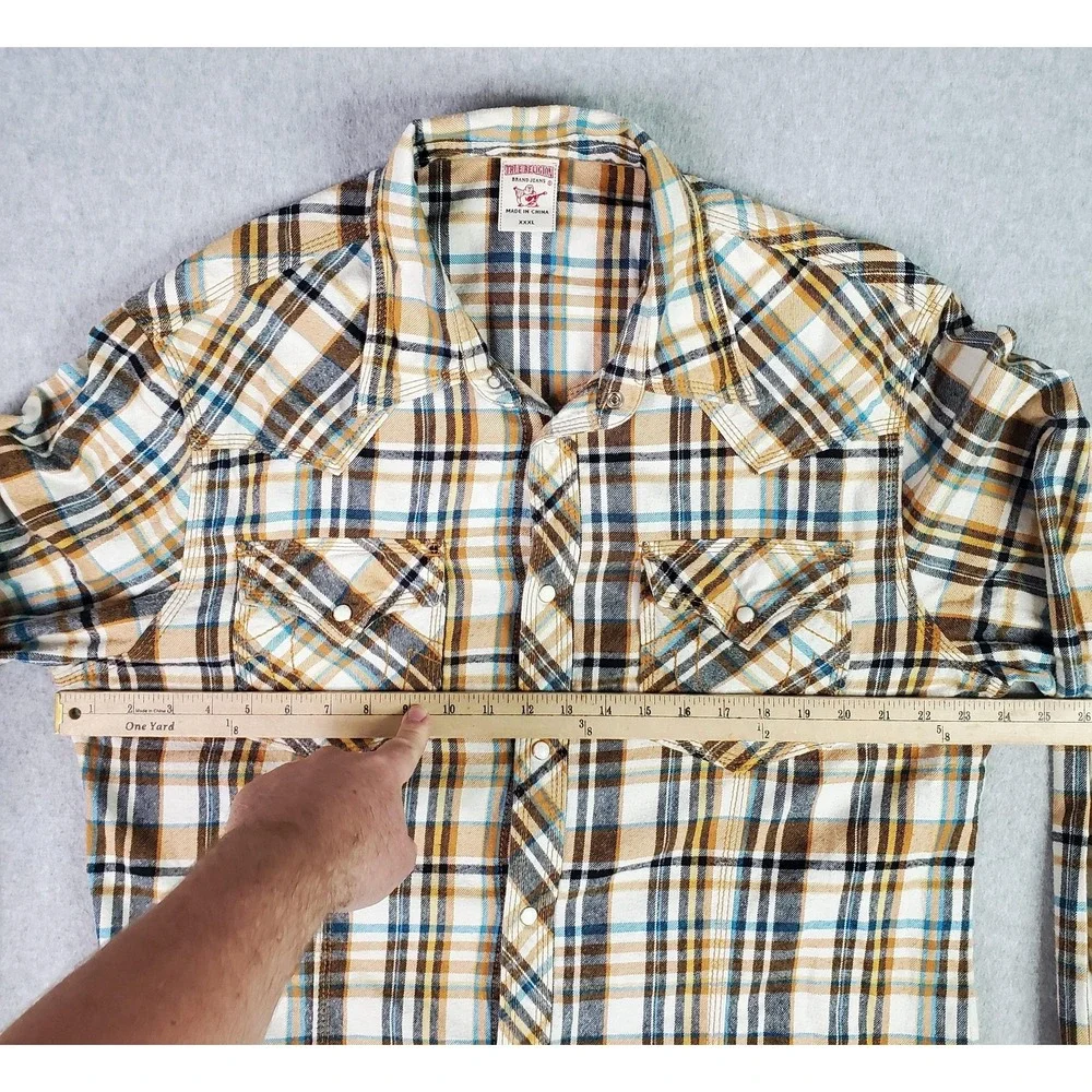 True Religion Shirt Tag Size XXXL Fits 2XL Brown Blue Plaid Pearl Snap Flannel